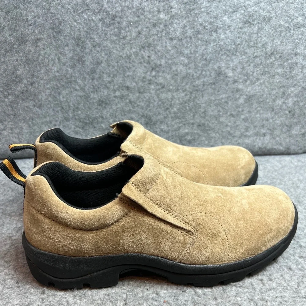 Duluth Trading Co Mens Wild Boar Mocs Tan Suede Slip On Shoes Non Slip Size 10